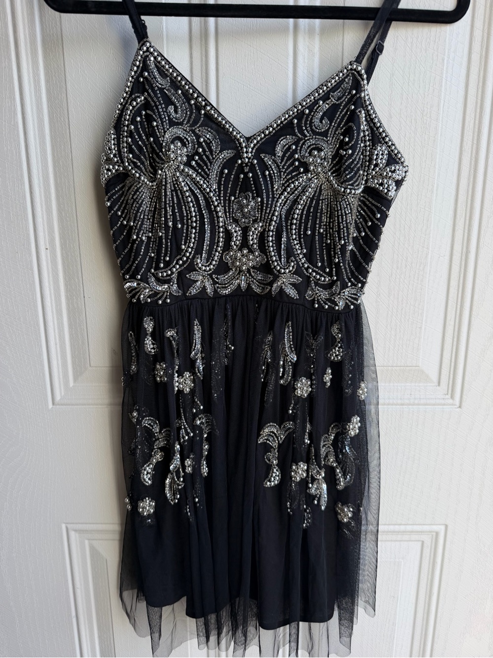 Maya Deluxe Black Silver Beaded Mini Dress US 4 Gatsby Art Deco Party